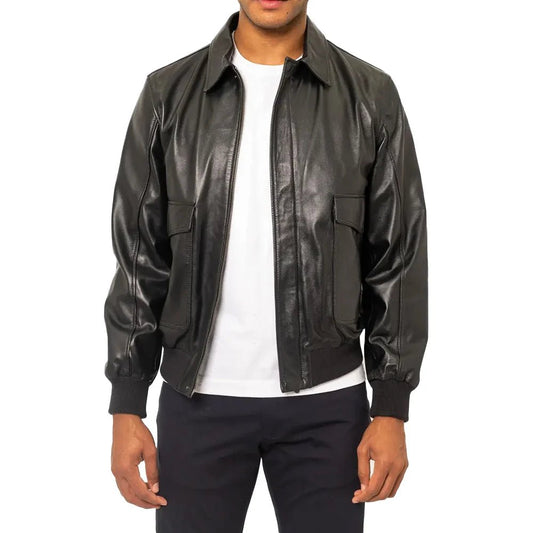 Aviator- A2- USAAF- Black- Leather- Bomber- Jacket-