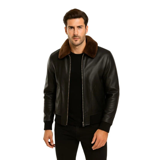 Men’s Black Bomber Shearling Leather Jacket