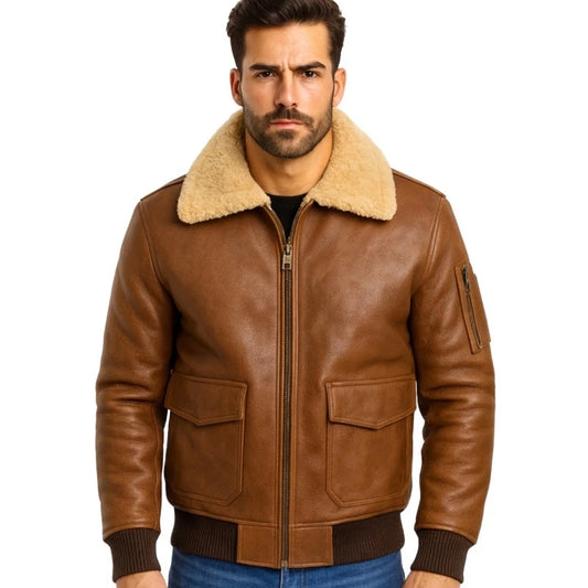 Men’s Aviator Camel Brown A2 Fur Shearling Geniune Sheepskin Jacket
