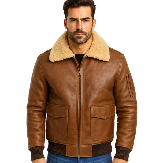 Men’s Aviator Camel Brown A2 Fur Shearling Geniune Sheepskin Jacket