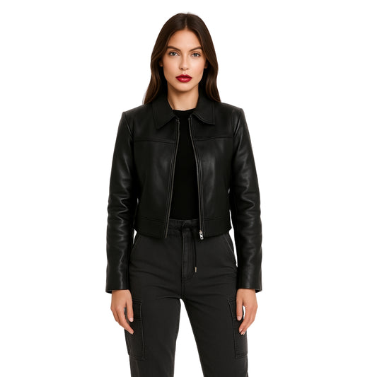 Womens Bomber Style Black Leather Jacket