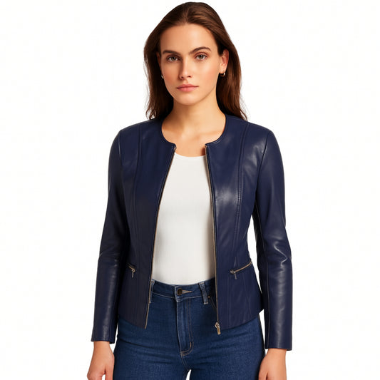 Womens Elegant Blue Collarless Leather Jacket