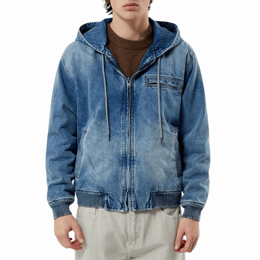 Mens Blue Denim Hooded Bomber Jacket