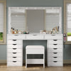 Yanosaku 15 Drawers Vanity Desk with Power Outlet, Makeup Table with Mirror and 13 LED Lights, 3 Color Lighting Modes, Brightness Adjustable, Glass Top Dressing Table, Vanity Set for Bedroom