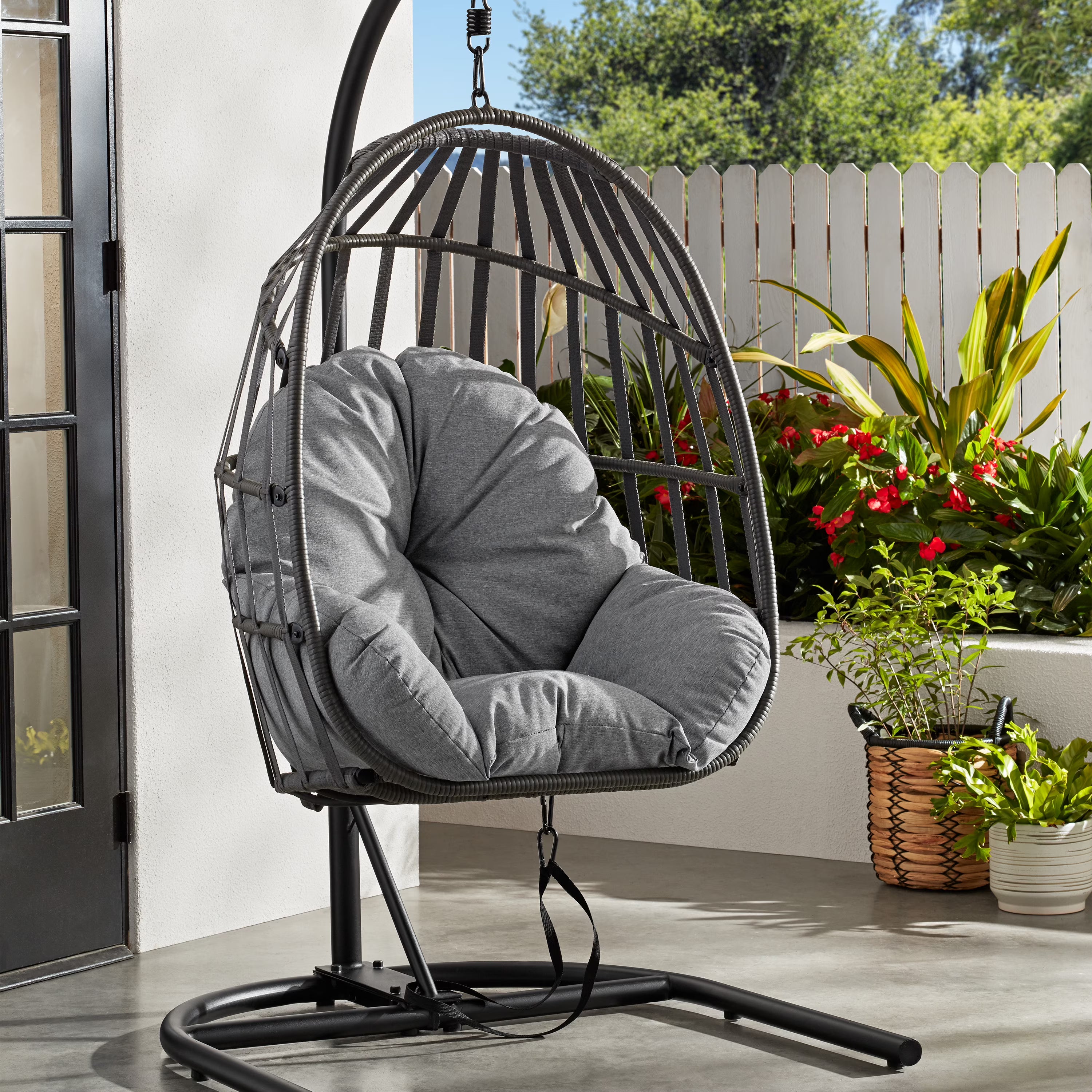 Outdoor Wicker Patio Hanging Egg Chair, Gray