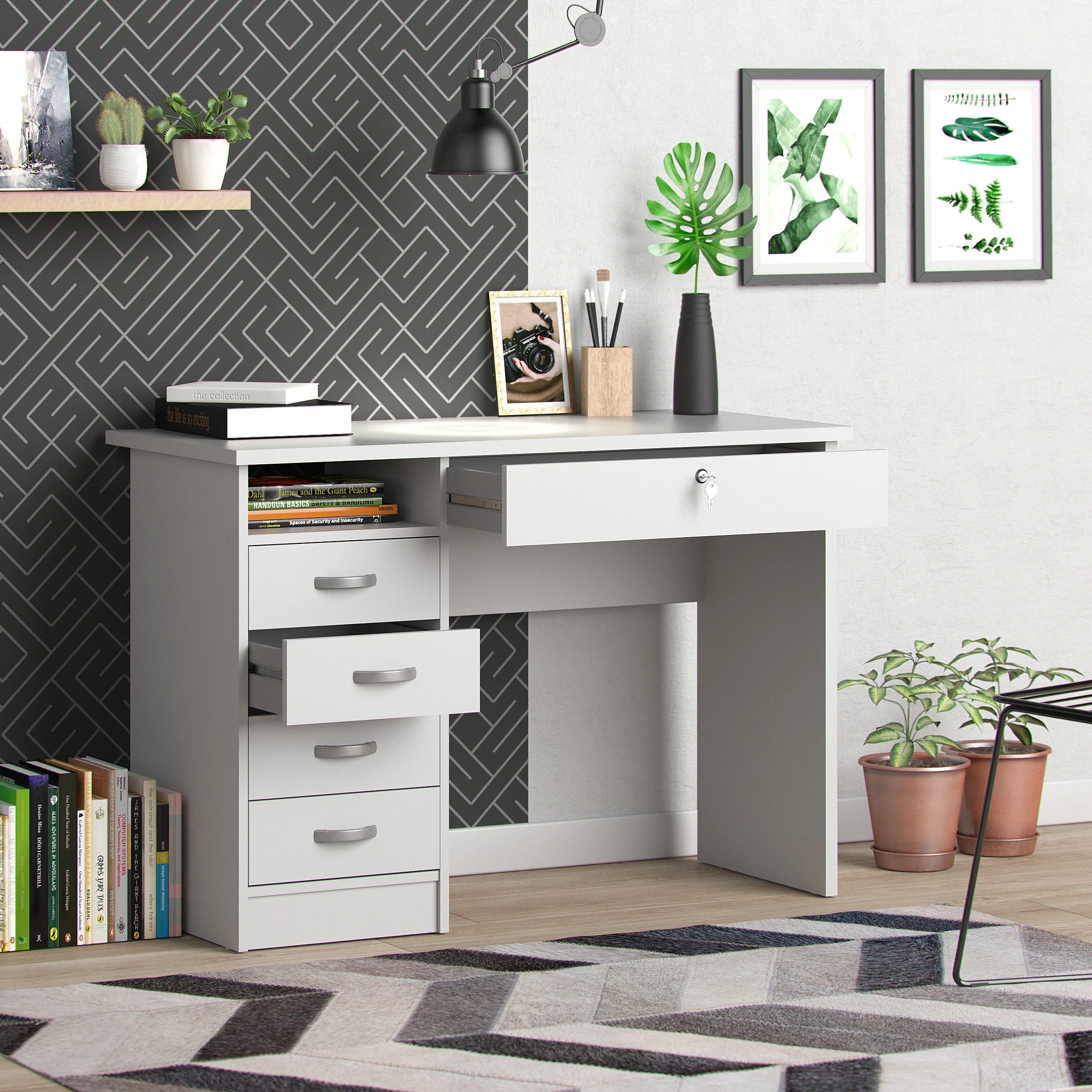 Tvilum Walden 5 Drawer Office Desk with 1 Locking Drawer for Adults, White