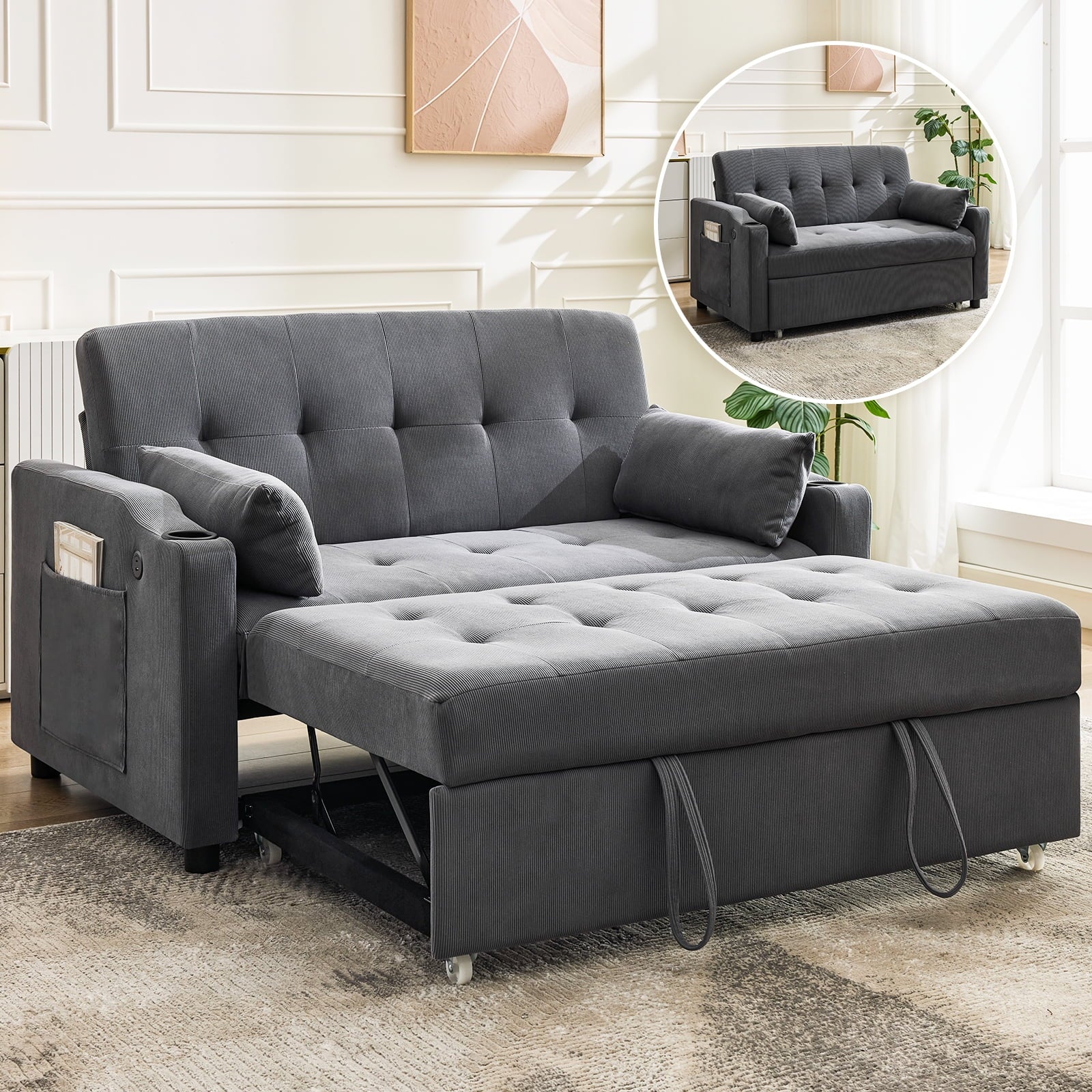 3 in 1 Convertible Sleeper Sofa Bed, Corduroy Futon Couches with Pull-Out Bed, Adjustable Backrest, Charging Port & Side Pockets, Modern Upholstered Sofa for Living Room, Guest Room