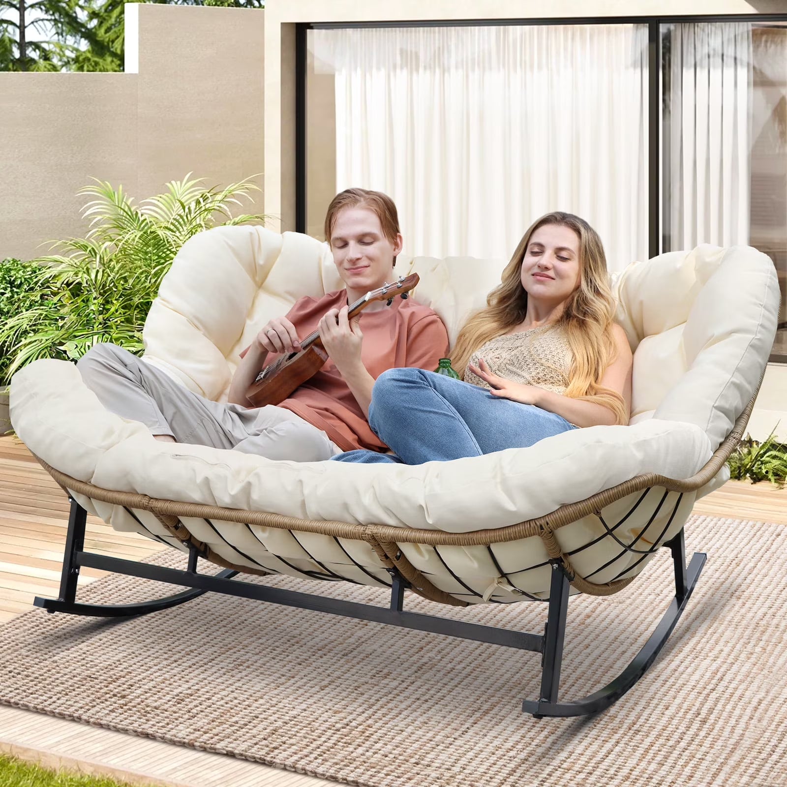 Beige Double Outdoor Rocking Chair, 2 Person Patio Rocking Egg Chair with Thick Cushion