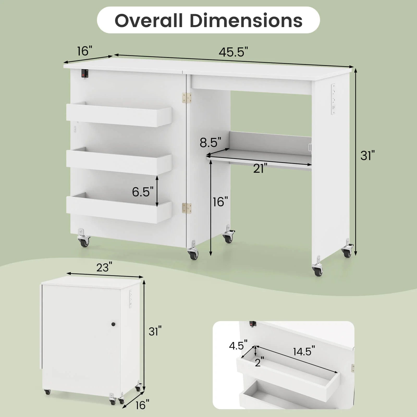 Costway Folding Sewing Table Rolling Craft Station with 3 Storage Bins & Charging Station White+natural