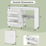 Costway Folding Sewing Table Rolling Craft Station with 3 Storage Bins & Charging Station White+natural