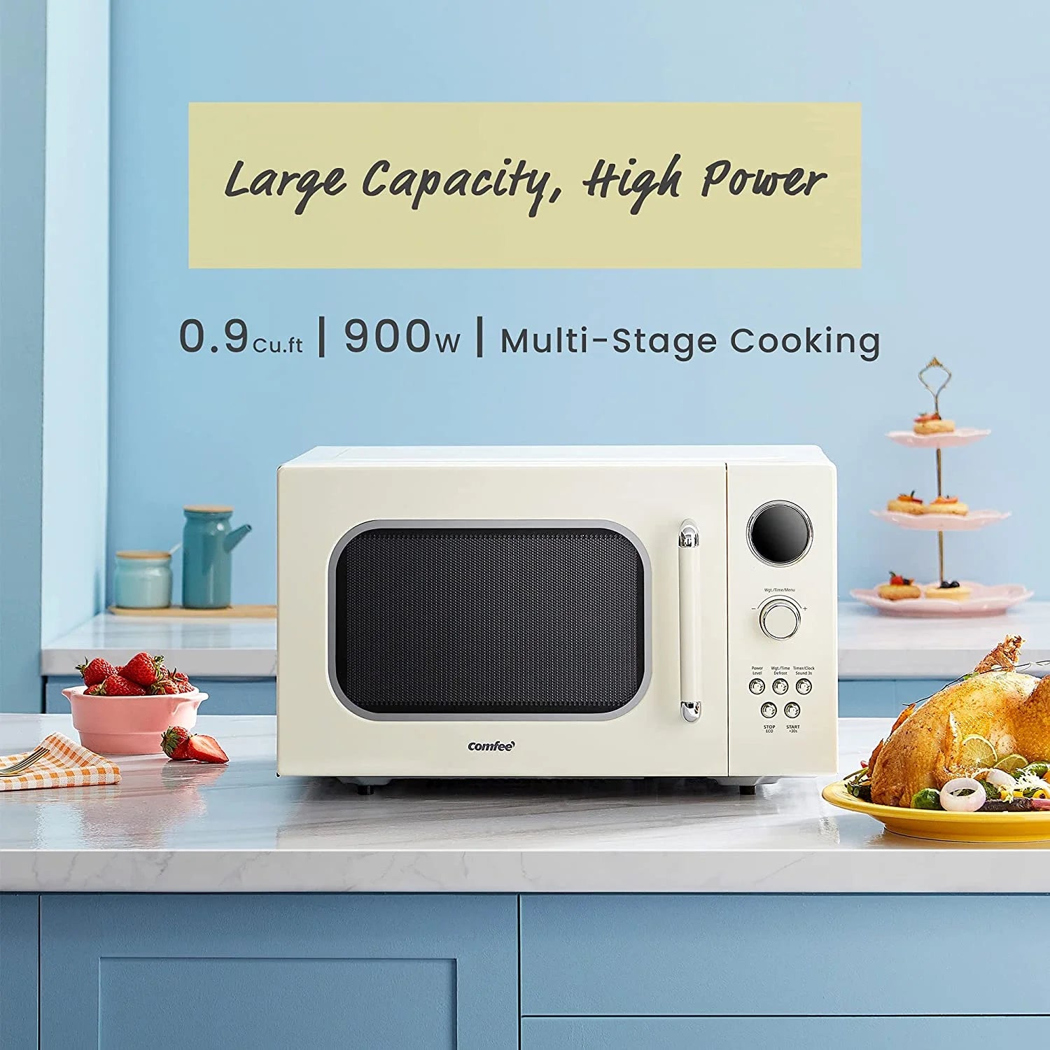 Comfee' Retro Microwave with LED digital display, 0.9 Cu. ft, 900W, Apricot, CM-M092AAT