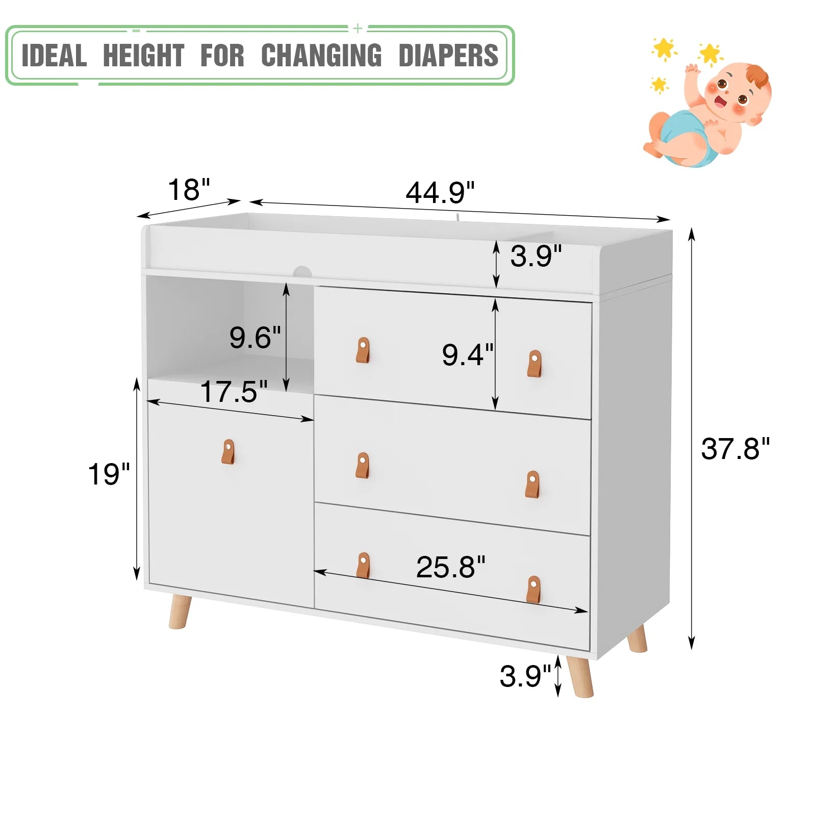 OXYLIFE 45" Baby Nursery Changing Table Dresser with 4 Drawers and Shelf for Nursery Room, White