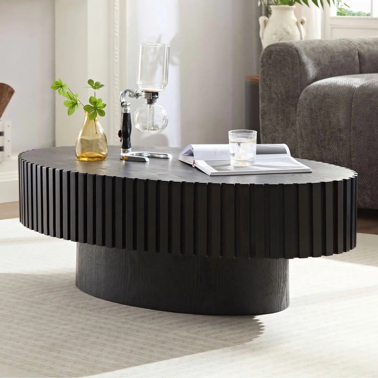 FFH 43.7 inch Oval Coffee Table for Living Room,Handcraft Rustic Corner Coffee Table Nature Wood Relief Sturdy Pedestal for Apartmen,Side Table Centre Table,Nature Wood