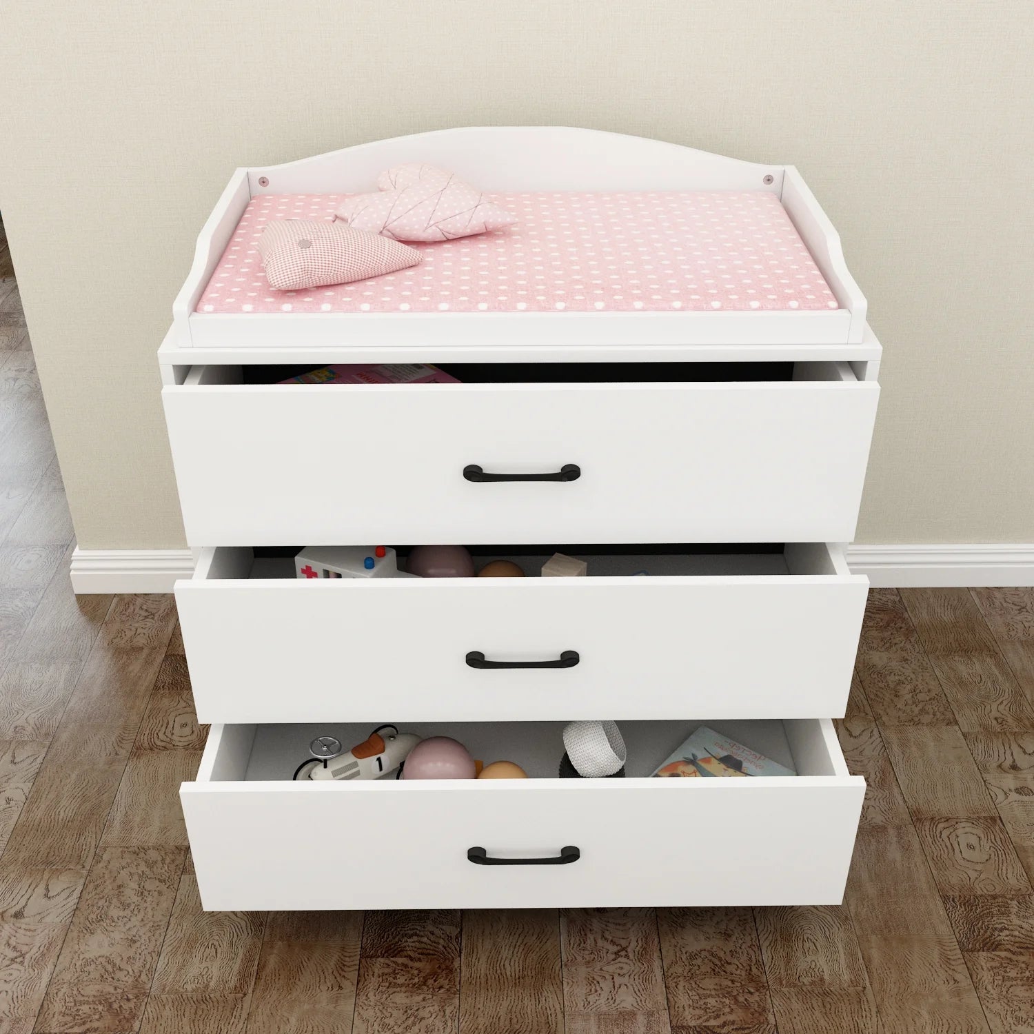 OXYLIFE 45" Baby Nursery Changing Table Dresser with 4 Drawers and Shelf for Nursery Room, White