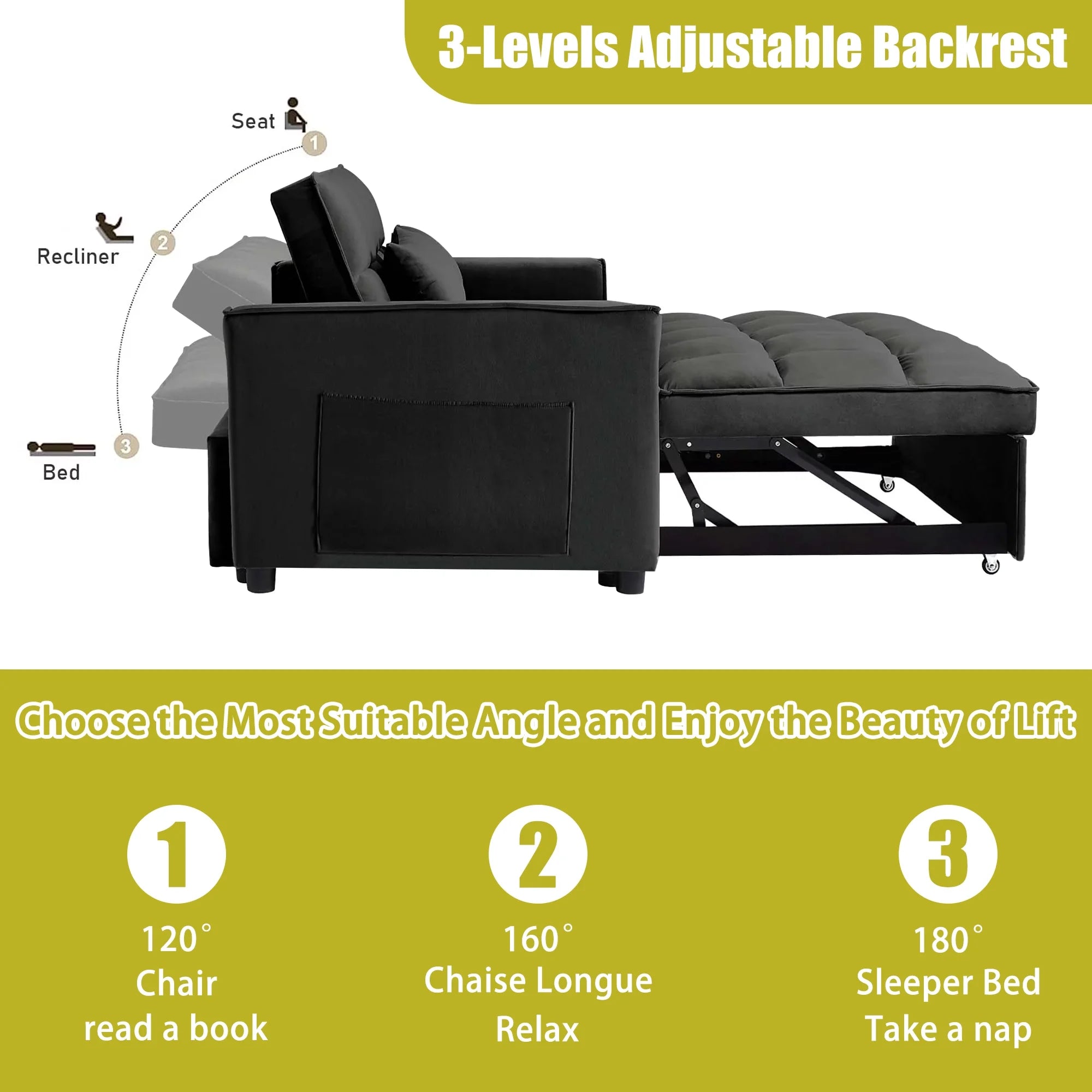 Convertible Sofa Bed,3-in-1 Sleeper Sofa with Pull Out Bed,Velvet Highly Elastic Sponge Futon Couch Loveseat with Adjustable Backrest and 2 Pillows for Living Room,Gray