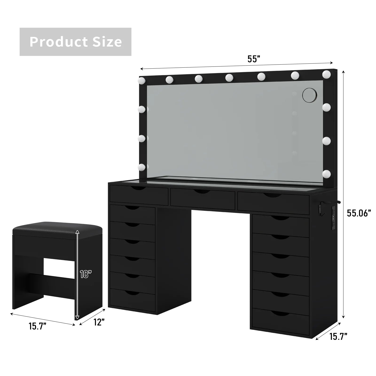 Yanosaku 15 Drawers Vanity Desk with Power Outlet, Makeup Table with Mirror and 13 LED Lights, 3 Color Lighting Modes, Brightness Adjustable, Glass Top Dressing Table, Vanity Set for Bedroom