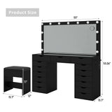 Yanosaku 15 Drawers Vanity Desk with Power Outlet, Makeup Table with Mirror and 13 LED Lights, 3 Color Lighting Modes, Brightness Adjustable, Glass Top Dressing Table, Vanity Set for Bedroom