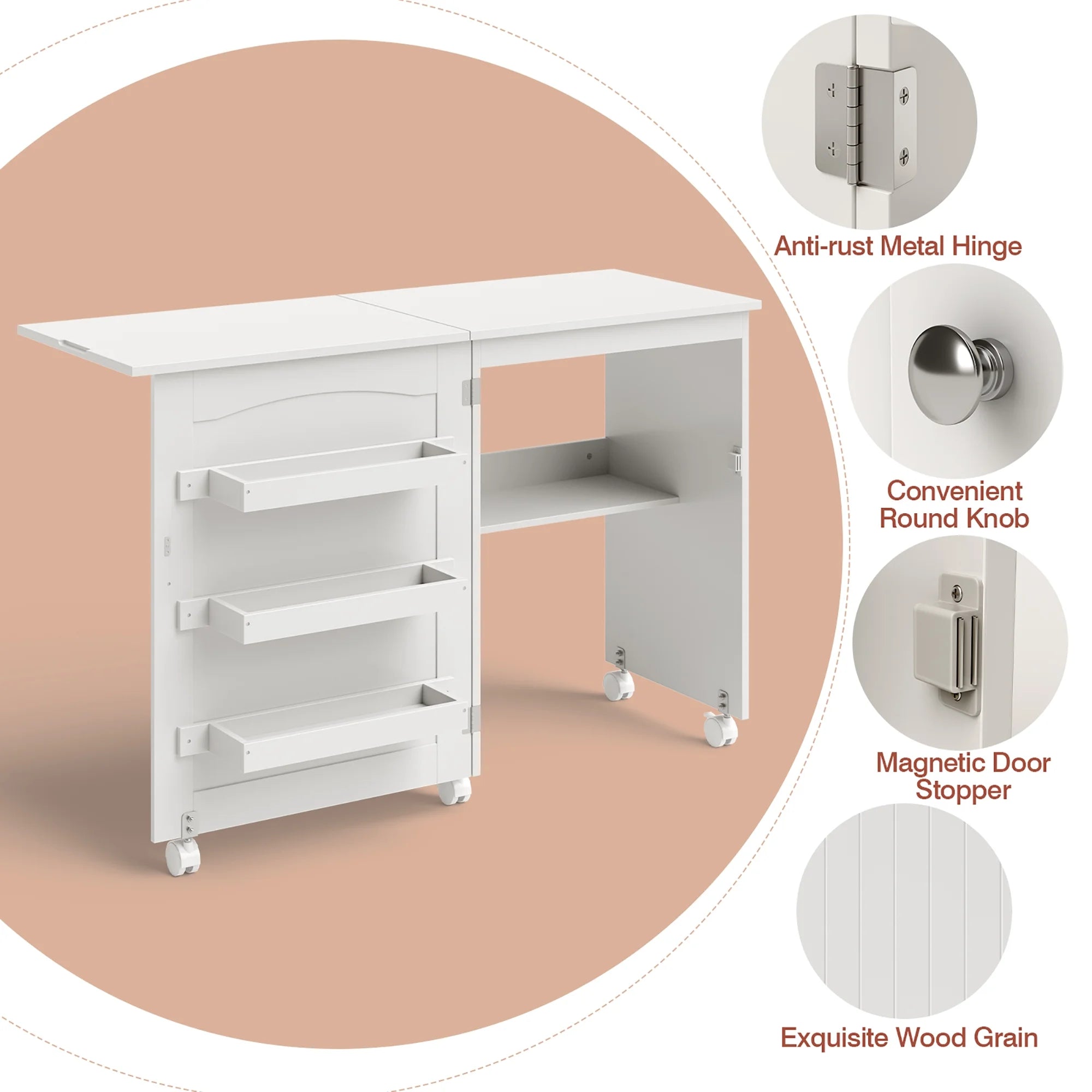 Costway Folding Sewing Table Rolling Craft Station with 3 Storage Bins & Charging Station White+natural