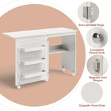 Costway Folding Sewing Table Rolling Craft Station with 3 Storage Bins & Charging Station White+natural