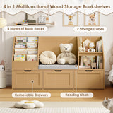 Homfa Kids Bookshelf with Reading Nook & 3 Movable Drawers, 2 Cube Bookcase with 4-Tier Book Racks, Toy Storage Organizer for Playroom Bedroom, White