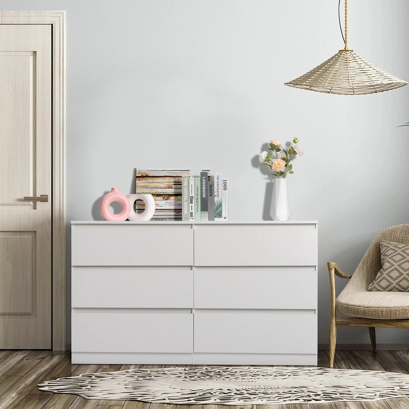 Ktaxon 6 Drawer Double Dresser Wood Dresser Storage Cabinet Drawer Organizer Chest Of Drawers, White