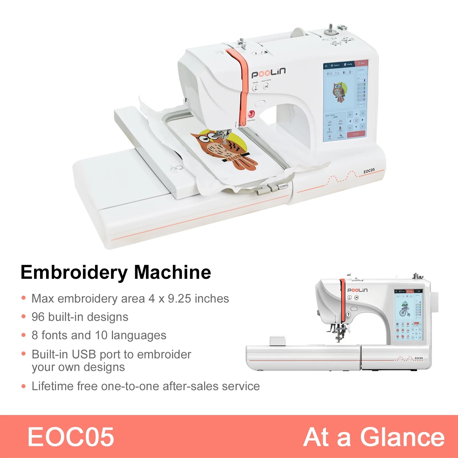 Poolin EOC05 Embroidery Machine 4x9.25" Area, 7" Touch Screen with kit