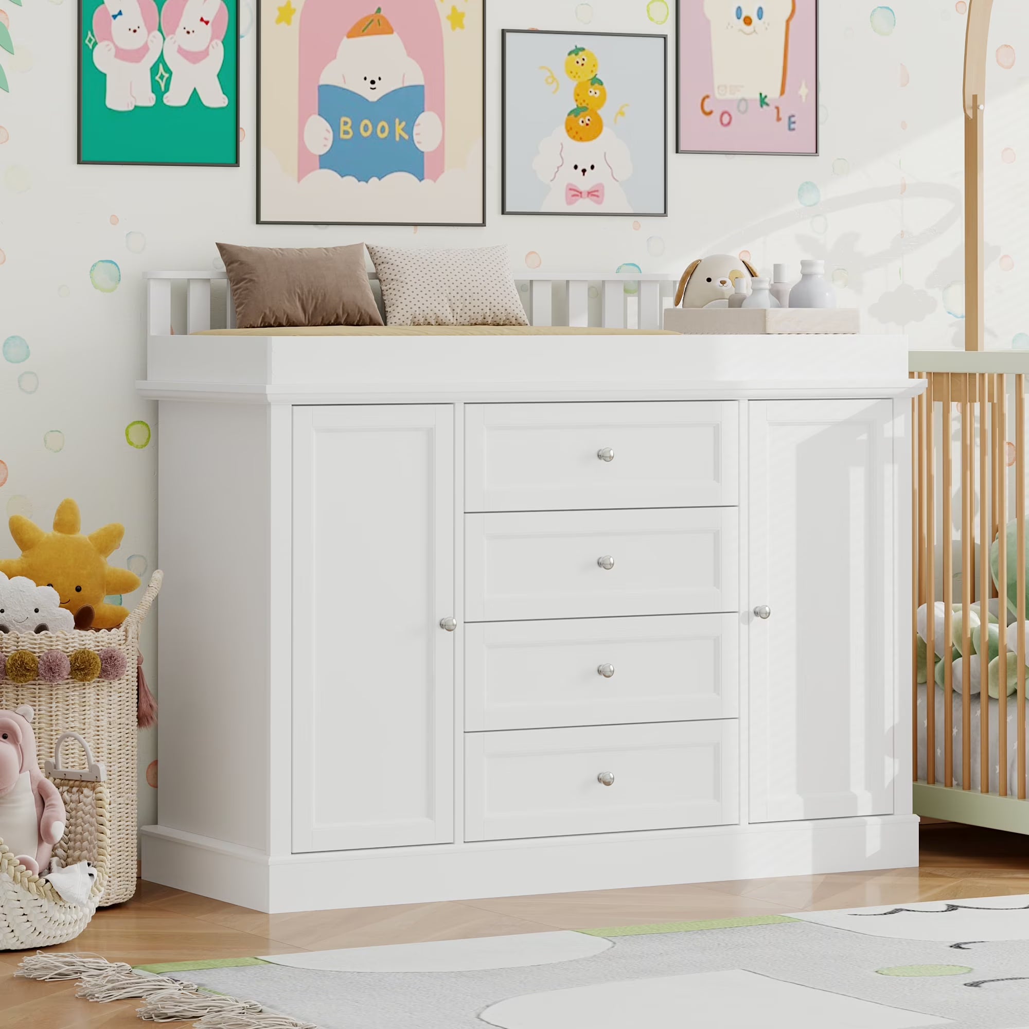 OXYLIFE 45" Baby Nursery Changing Table Dresser with 4 Drawers and Shelf for Nursery Room, White