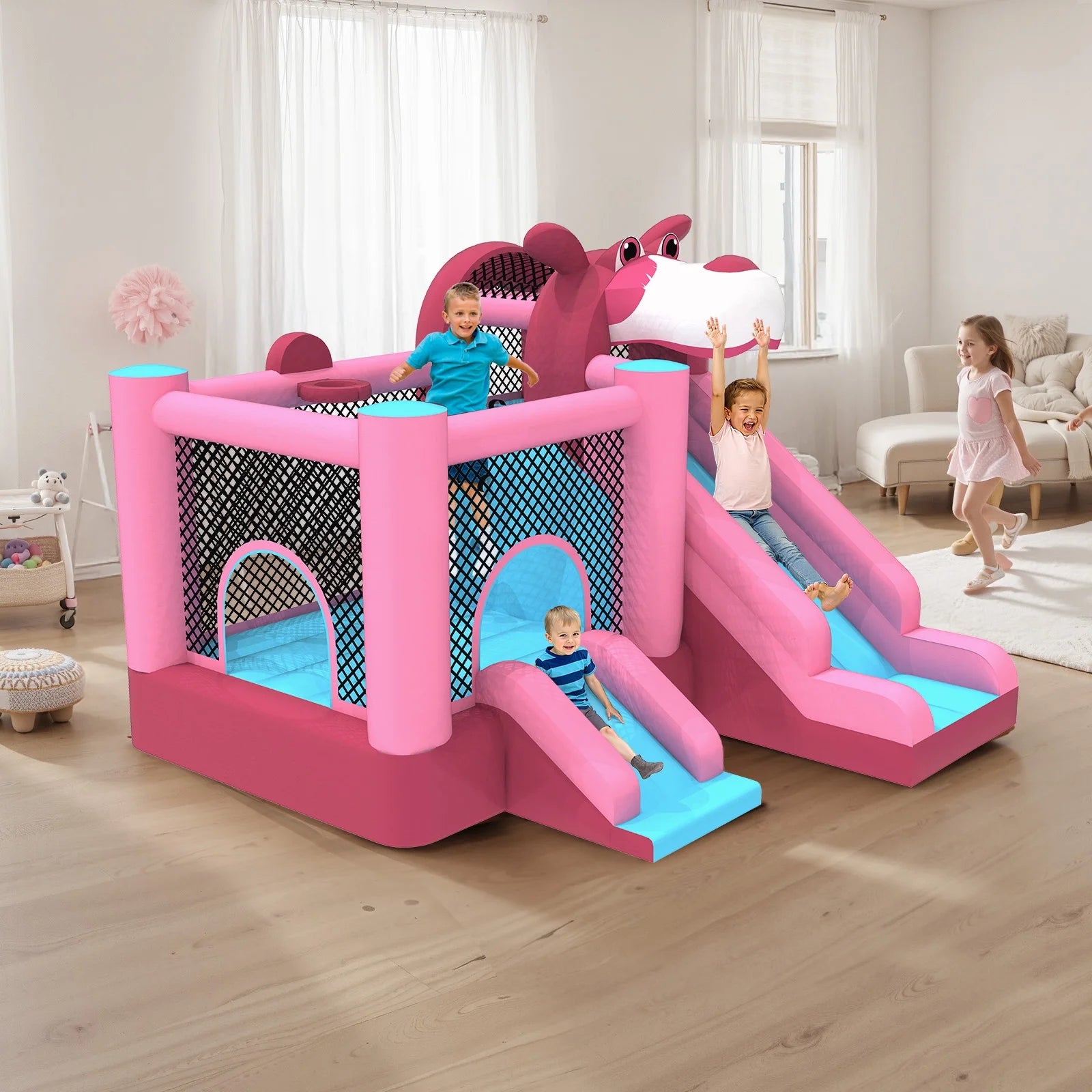 Mukidy 114''x 114'' x 92.5'' Inflatable Bounce Houses for Kids 3-10 with Blower Double Slide and Ball Pit/Indoor Bouncy House, PVC, Child, Teen, Toddler��Blue