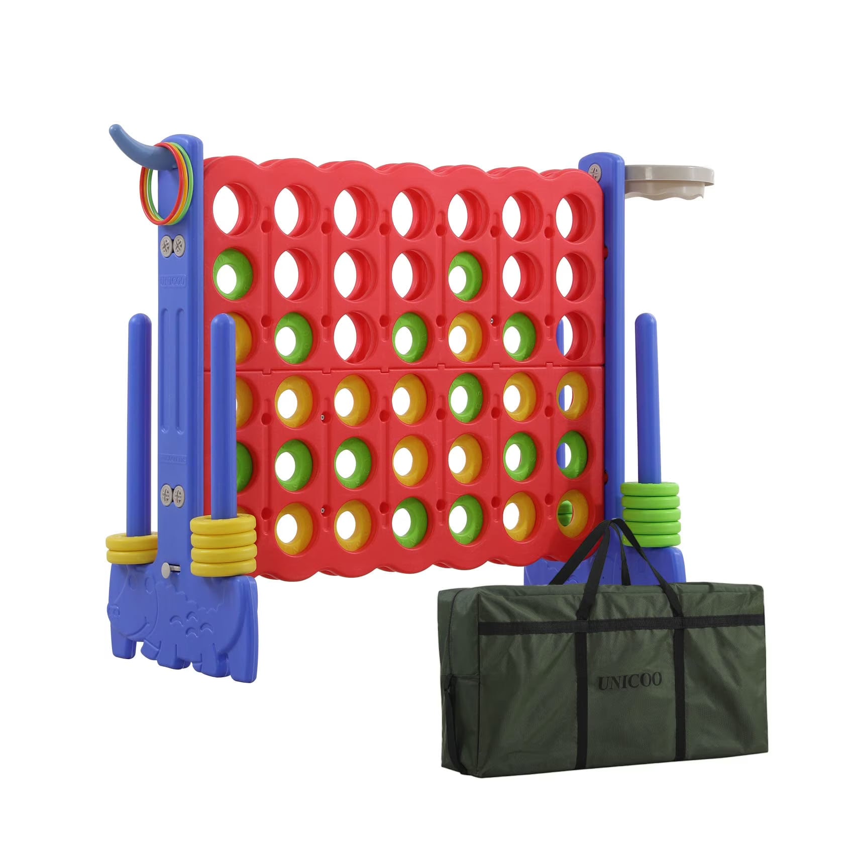 ® 3-in-1 Giant 4 in A Row Game, Featuring Basketball Hoop, Ring Toss Game & 4-to-Score Game. Perfect for Kids & Adults, Parties & Gatherings with Carrying Bag (Red + Blue)