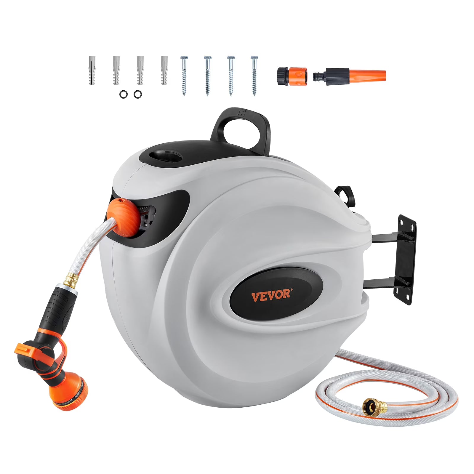 Retractable Hose Reel, 100 ft x 1/2 inch, 180 Swivel Bracket Wall-Mounted, Garden Water Hose Reel with 9-Pattern Nozzle, Automatic Rewind, Lock at Any Length, and Slow Return System