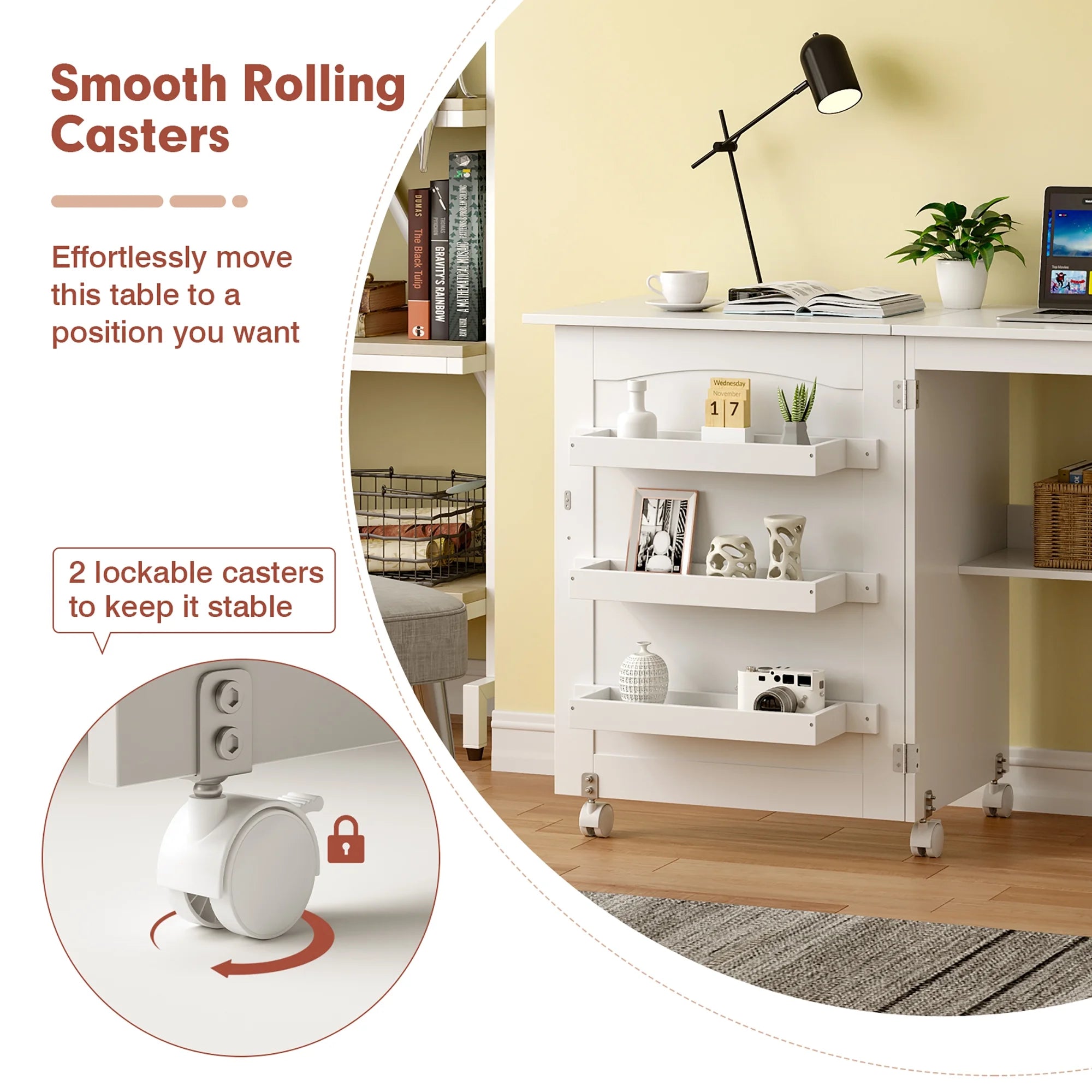 Costway Folding Sewing Table Rolling Craft Station with 3 Storage Bins & Charging Station White+natural