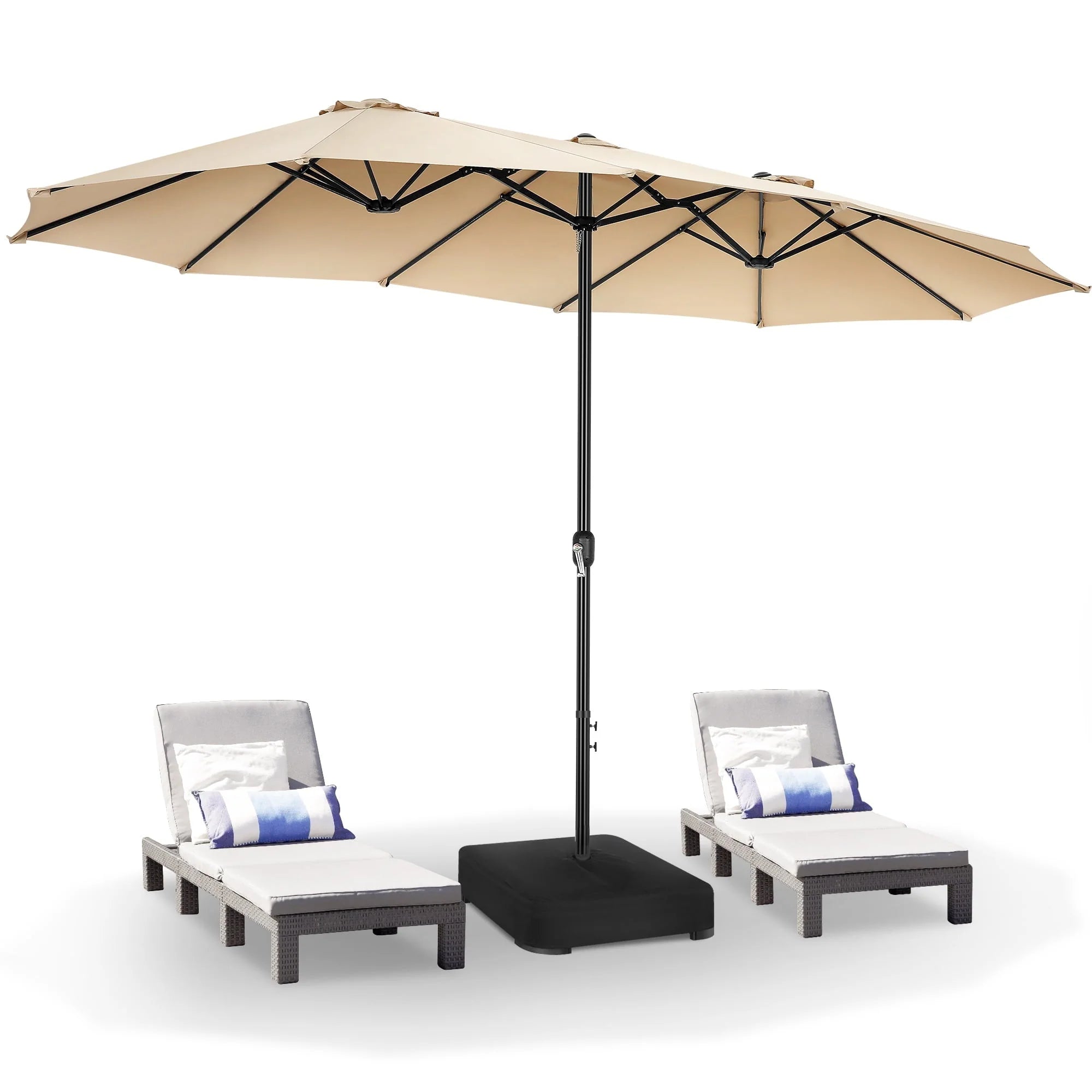 15ft Large Outdoor Umbrella Double-Sided Patio Umbrella with Base, Crank Handle, 12 Ribs Rectangular Umbrella for Patio Graden Poolside (Beige)