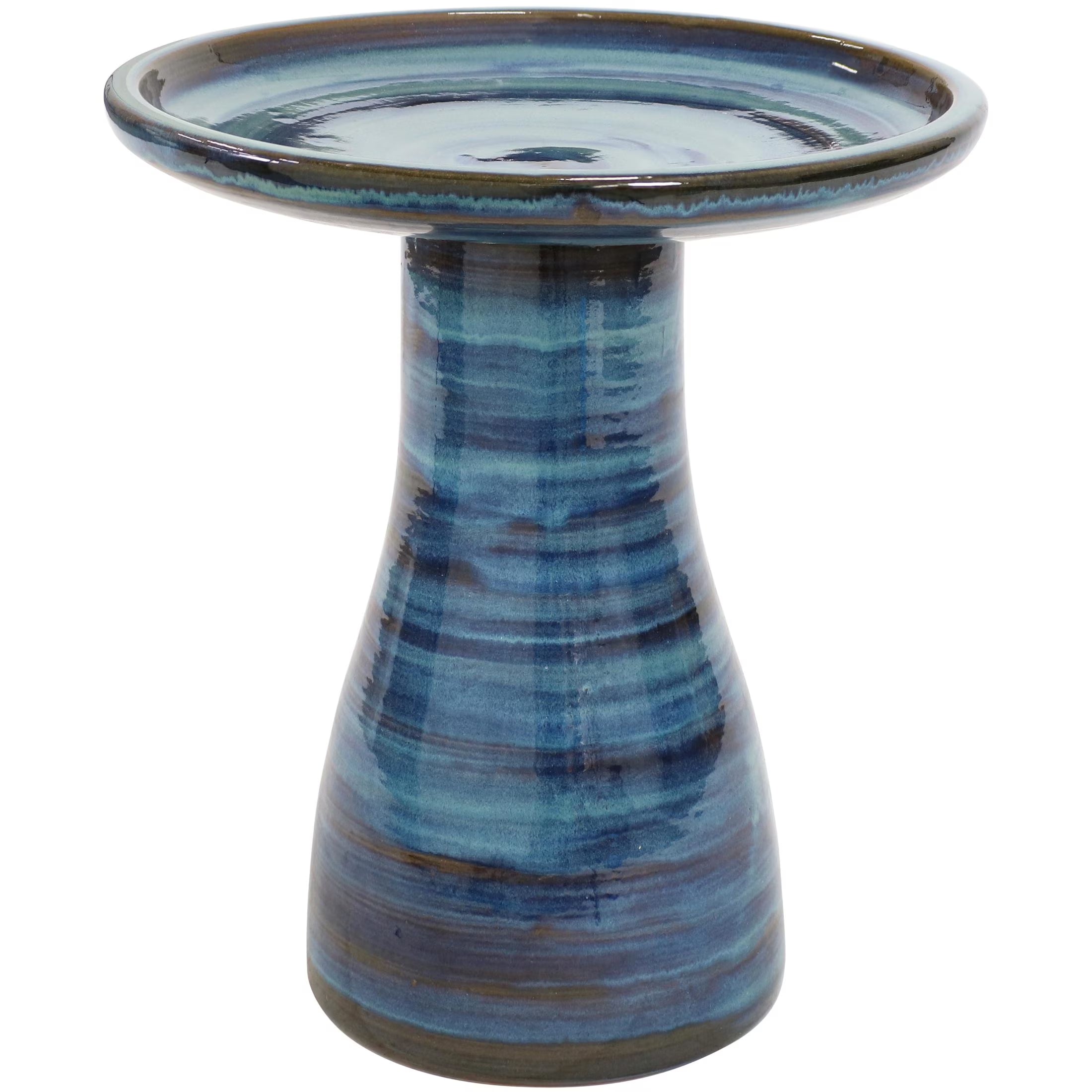 Freestanding Ceramic Outdoor Bird Bath, Glazed, UV-Resistant Galaxy Blue Finish