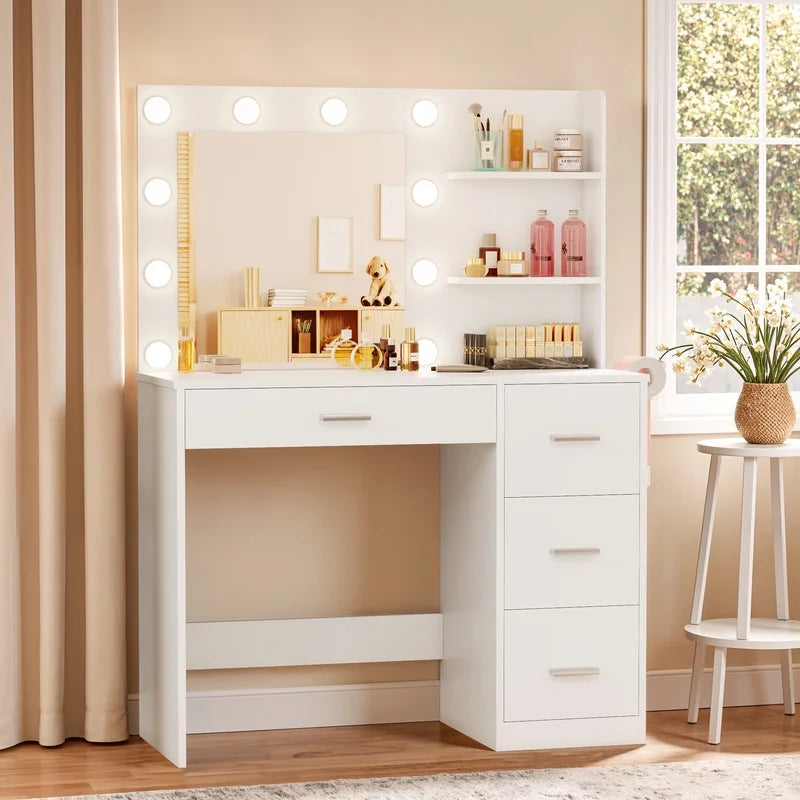 Lacoo Vanity Desk with Mirror and LED Lights, Makeup Vanity with 7 Drawers & 4 Shelves, Vanity Table with Power Outlet for Bedroom Dressing Room, White
