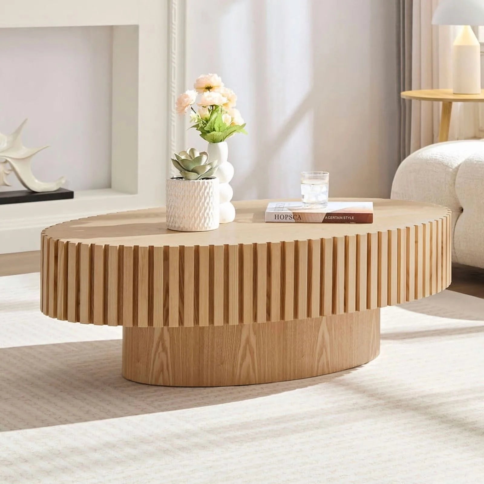 FFH 43.7 inch Oval Coffee Table for Living Room,Handcraft Rustic Corner Coffee Table Nature Wood Relief Sturdy Pedestal for Apartmen,Side Table Centre Table,Nature Wood