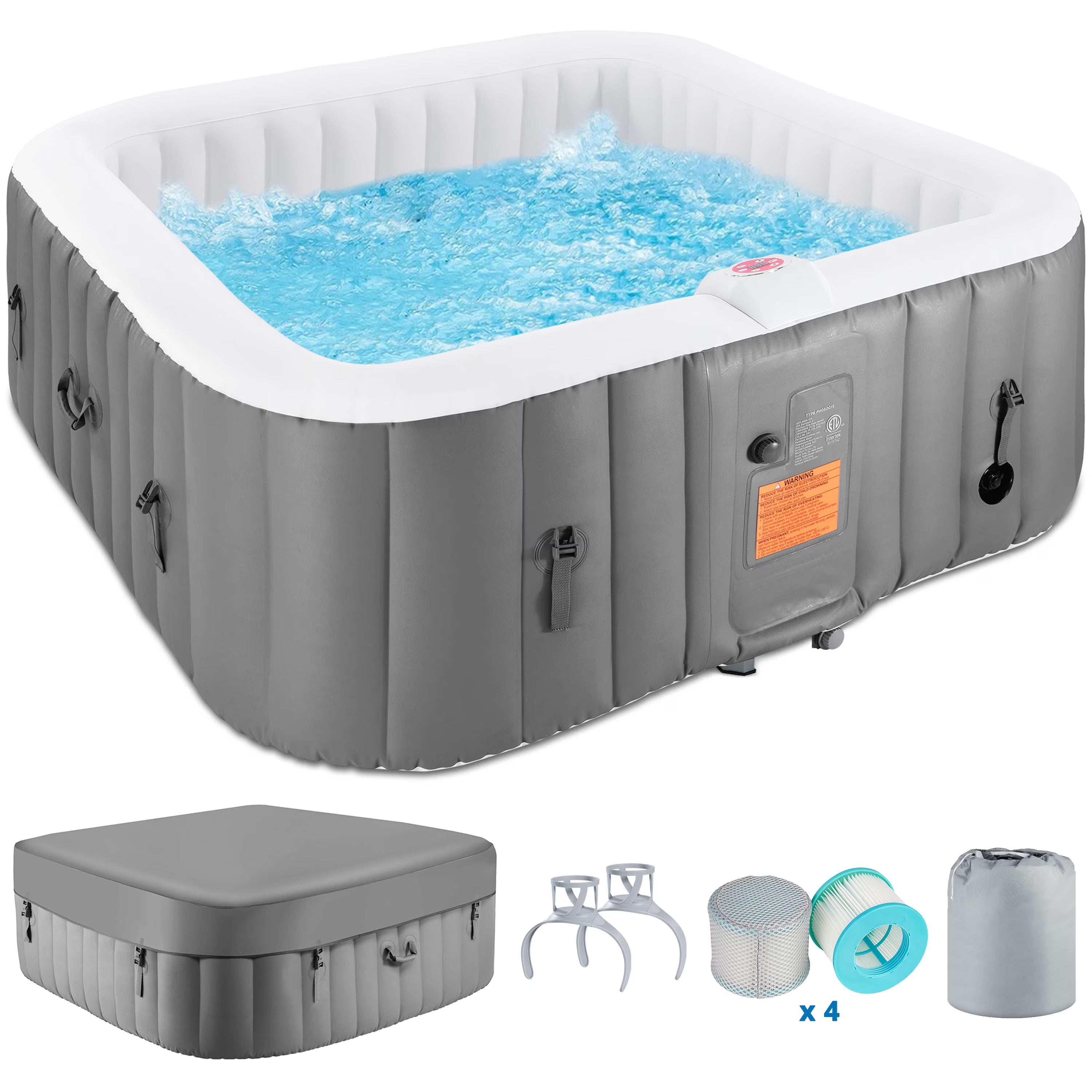 73 inch 4-6 Person Inflatable Hot Tub Spa with Control Panel, Outdoor Portable Hottub with 130 Jets, Insulated Tub Cover and Floor Protector, Temperature up to 104F, Gray