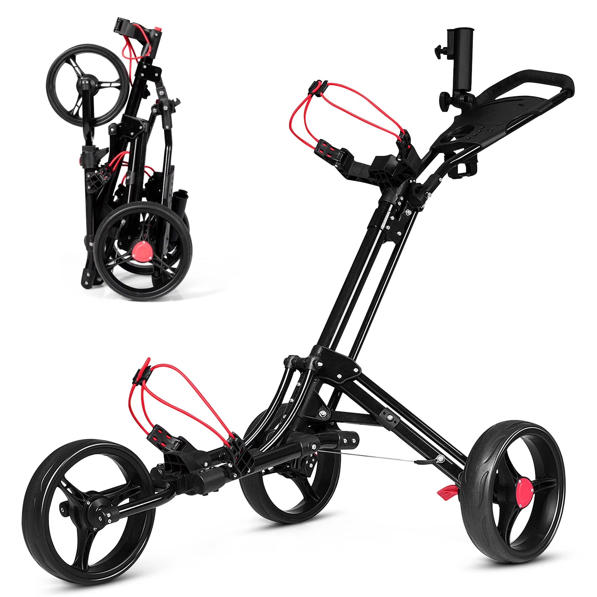 Foldable 3 Wheel Steel Golf Pull Push Cart Trolley Club w/ Umbrella Holder