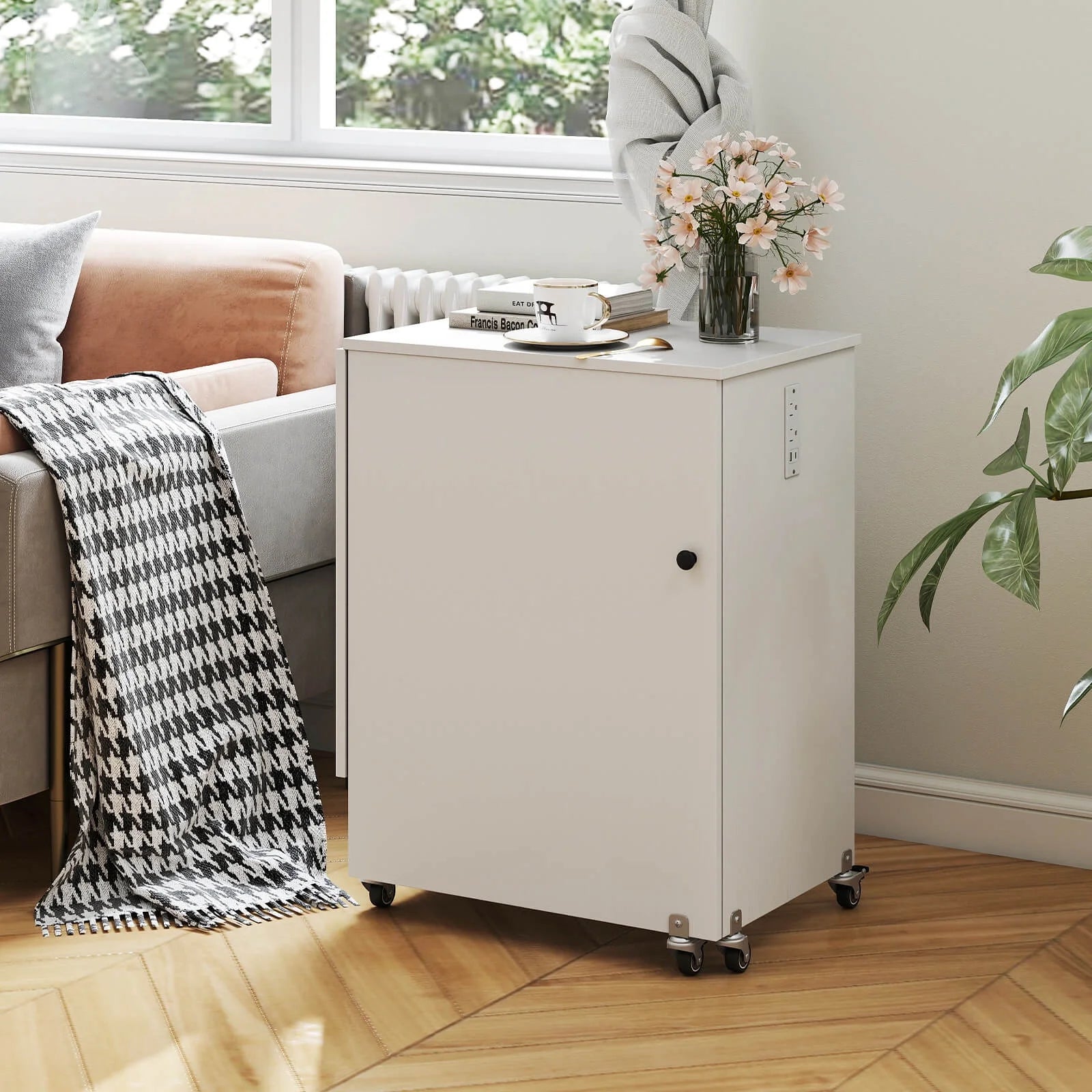 Costway Folding Sewing Table Rolling Craft Station with 3 Storage Bins & Charging Station White+natural