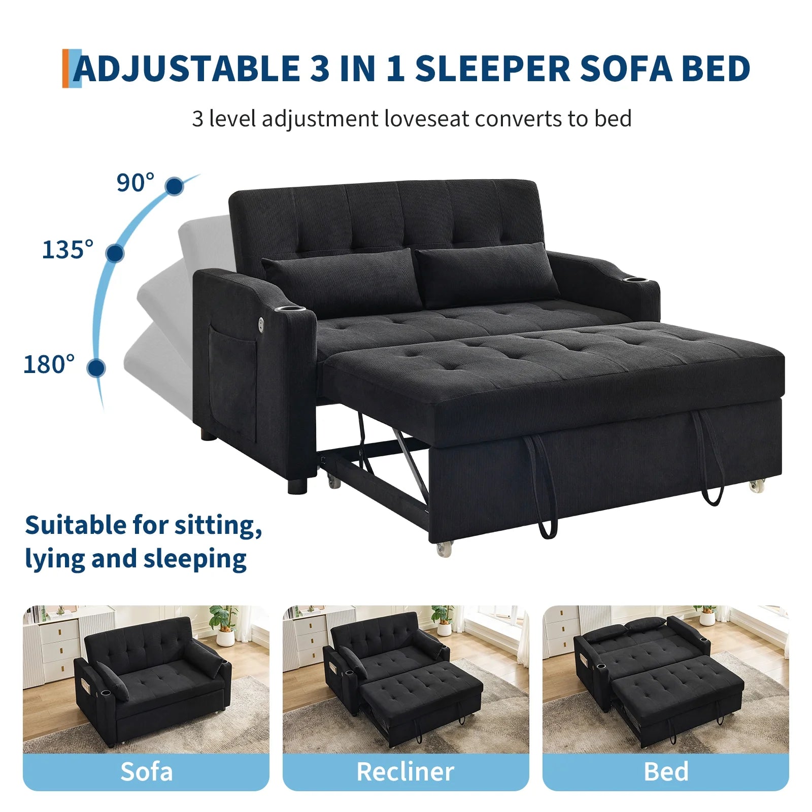 3 in 1 Convertible Sleeper Sofa Bed, Corduroy Futon Couches with Pull-Out Bed, Adjustable Backrest, Charging Port & Side Pockets, Modern Upholstered Sofa for Living Room, Guest Room
