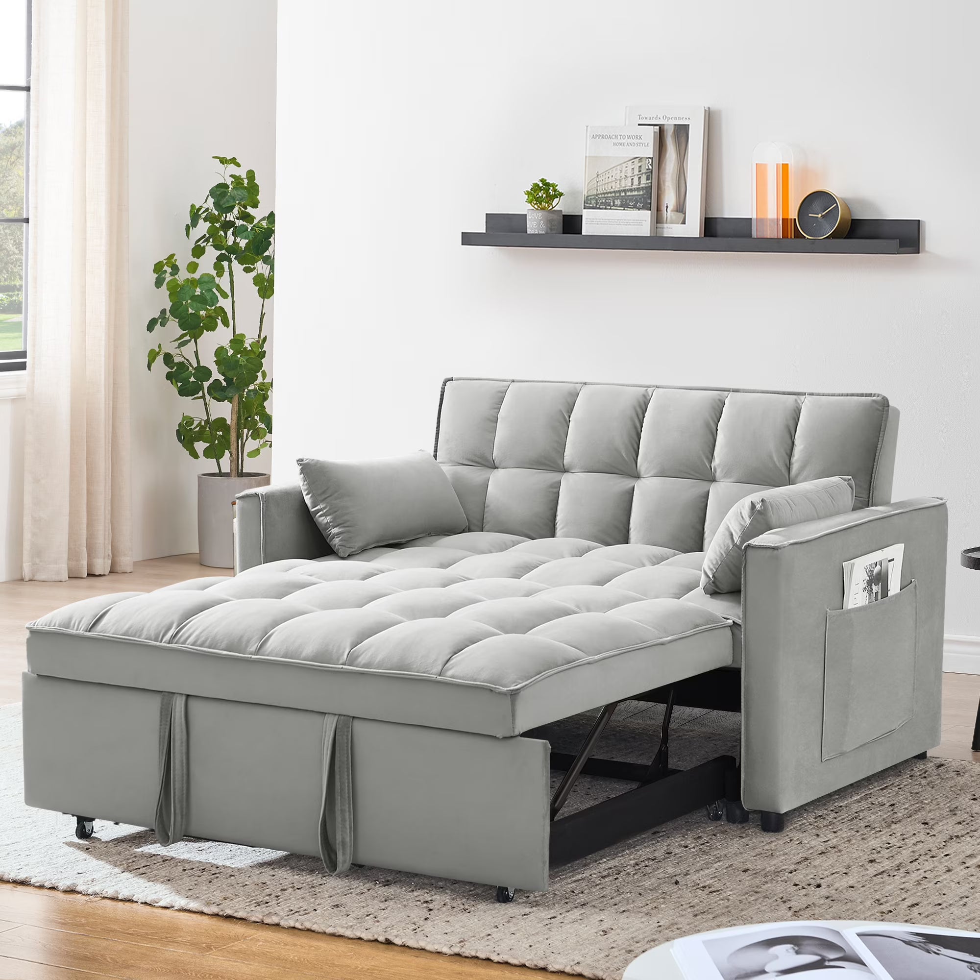 Convertible Sofa Bed,3-in-1 Sleeper Sofa with Pull Out Bed,Velvet Highly Elastic Sponge Futon Couch Loveseat with Adjustable Backrest and 2 Pillows for Living Room,Gray