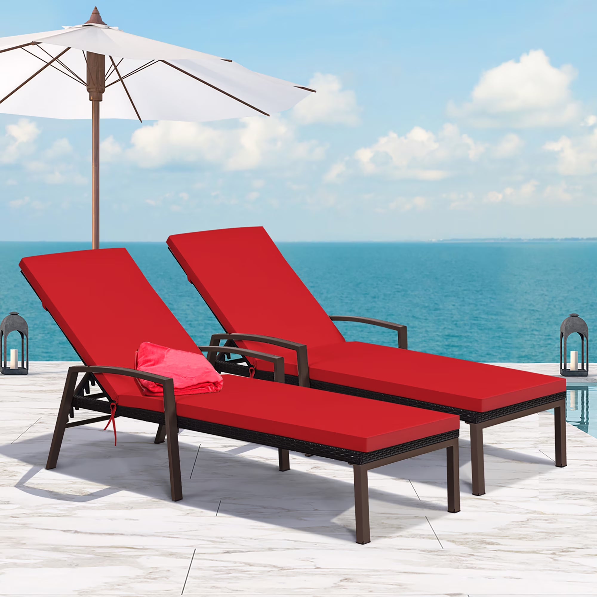 2PCS Patio Rattan Lounge Chair Chaise Recliner Back Adjustable Cushioned Red