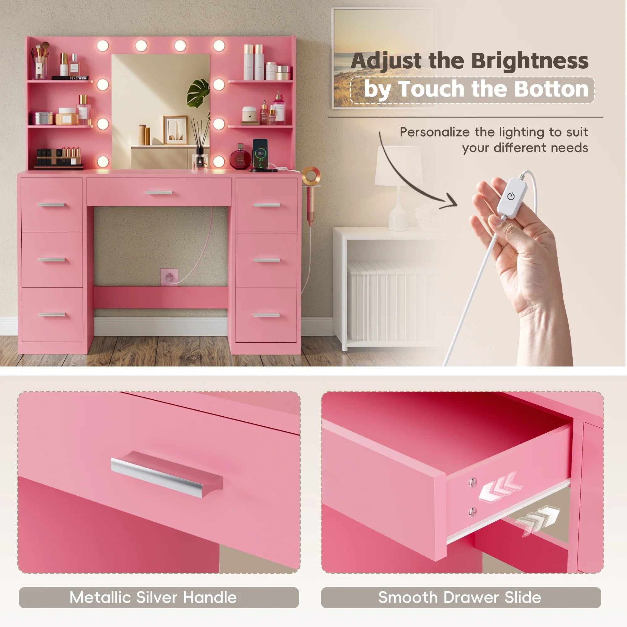 Lacoo Vanity Desk with Mirror and LED Lights, Makeup Vanity with 7 Drawers & 4 Shelves, Vanity Table with Power Outlet for Bedroom Dressing Room, White