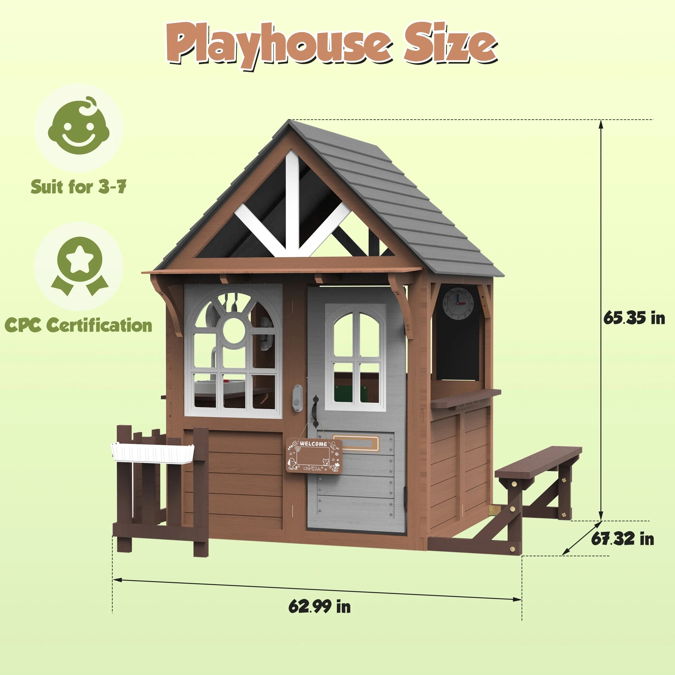 COCLUB Outdoor Playhouse, Wooden Playhouse for Kids Toddlers, Large Kids Playhouse with Bench/Fence/Kitchen/Door Nameplate/Pretend Phone, Girls Boys Outdoor Toy Gift for Ages 3+, (62.99"W* 67.32"L)