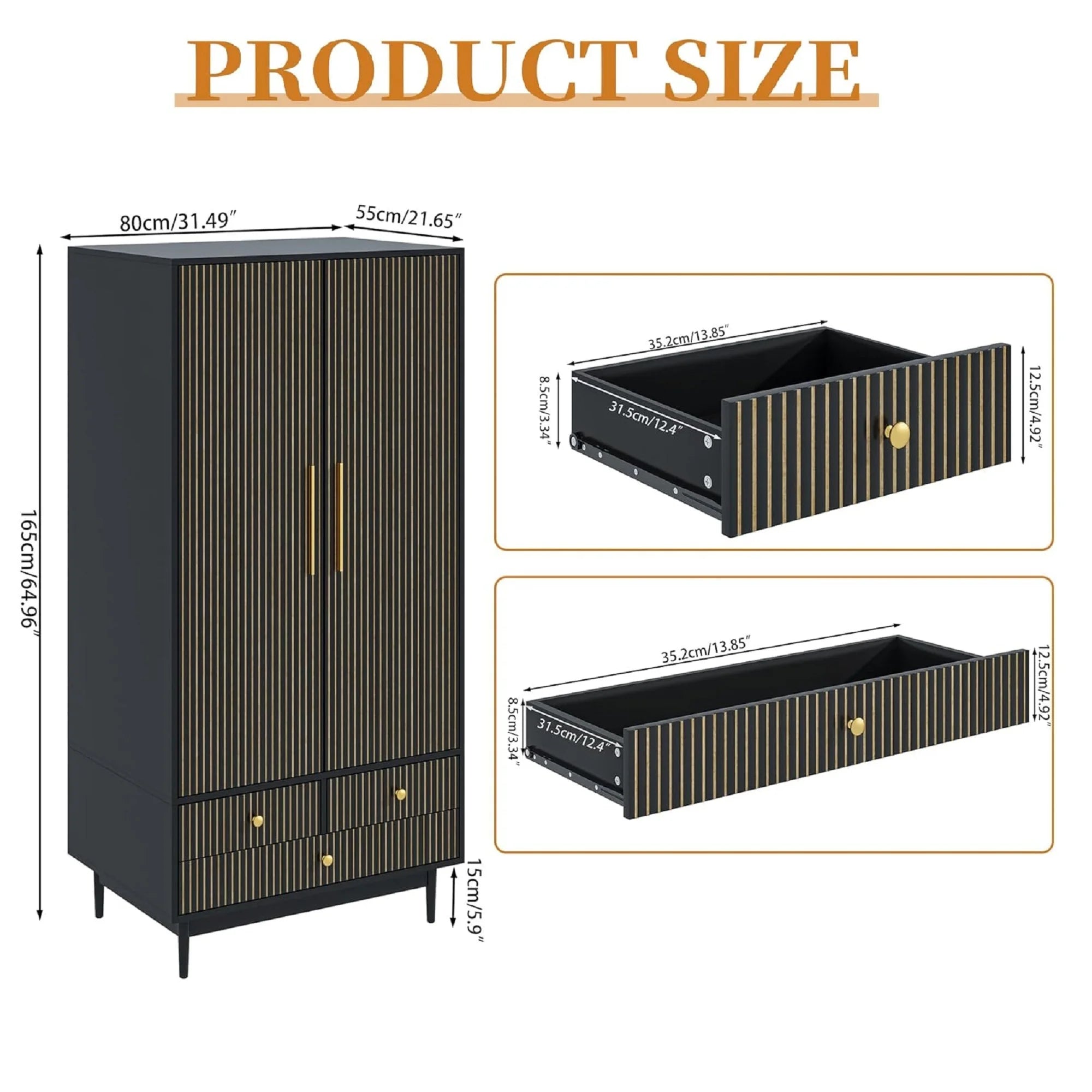 Armoire Wardrobe Closet with 2 Doors, Wardrobe Cabinet with Hanging Rod and Drawers, Wooden Closet for Bedroom, White