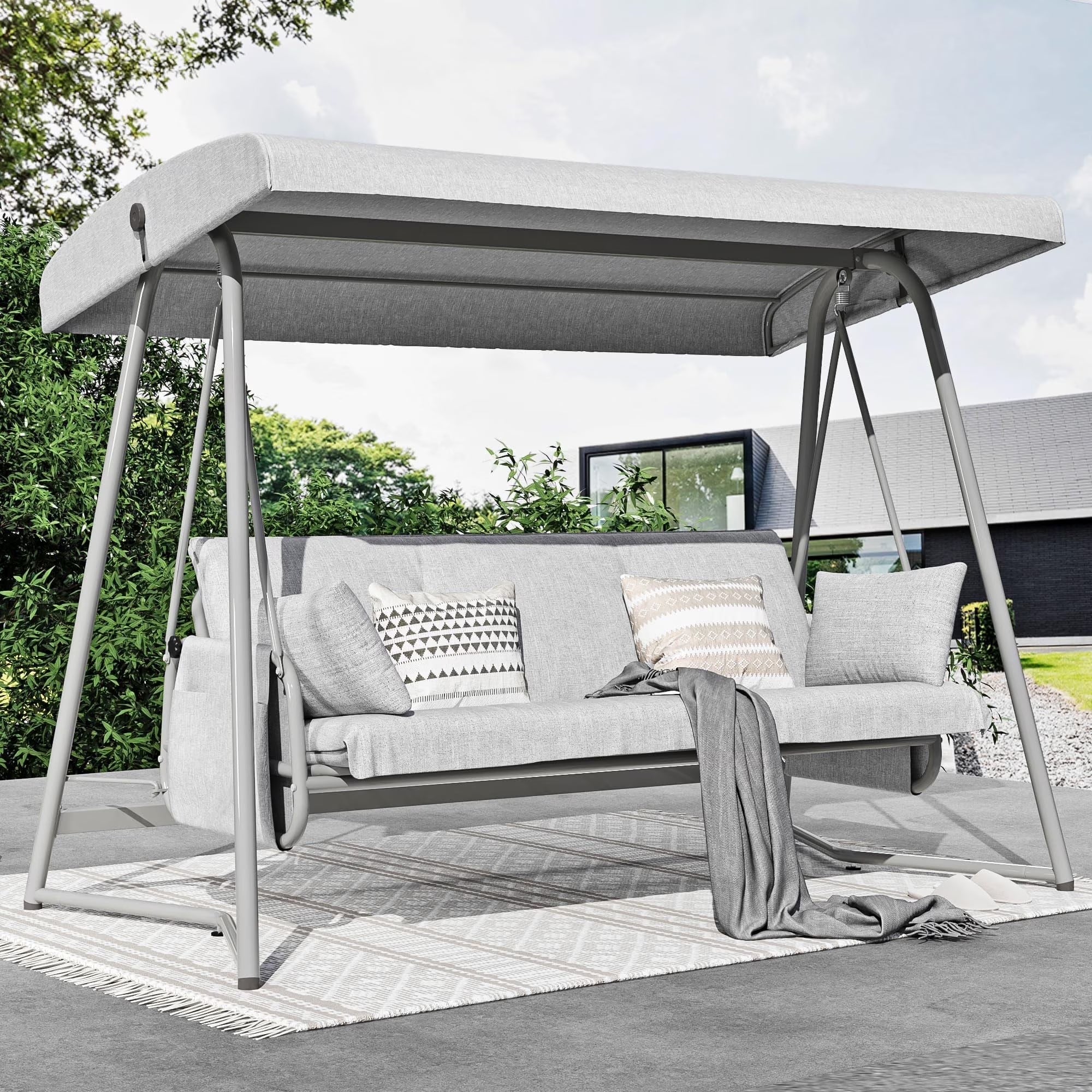 Oversized 4 Person Outdoor Porch Swing with Adjustable Backrest Canopy,2-in-1 Swing Bed 800 lbs Capacity,Patio Swing with Removable Cushions for Yard Garden Poolside Balcony