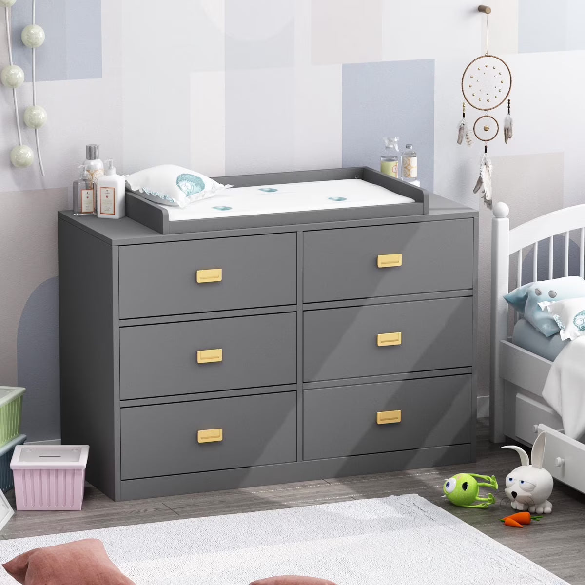 OXYLIFE 45" Baby Nursery Changing Table Dresser with 4 Drawers and Shelf for Nursery Room, White