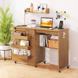 Costway Folding Sewing Table Rolling Craft Station with 3 Storage Bins & Charging Station White+natural