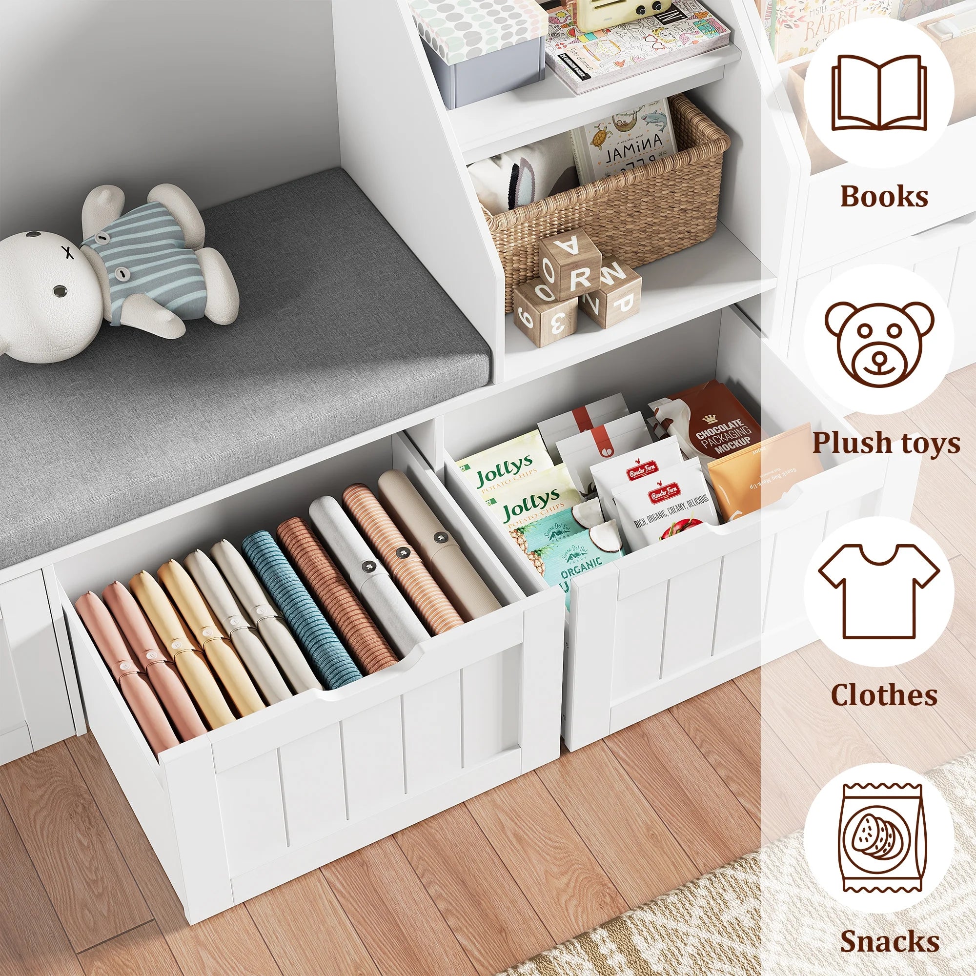 Homfa Kids Bookshelf with Reading Nook & 3 Movable Drawers, 2 Cube Bookcase with 4-Tier Book Racks, Toy Storage Organizer for Playroom Bedroom, White