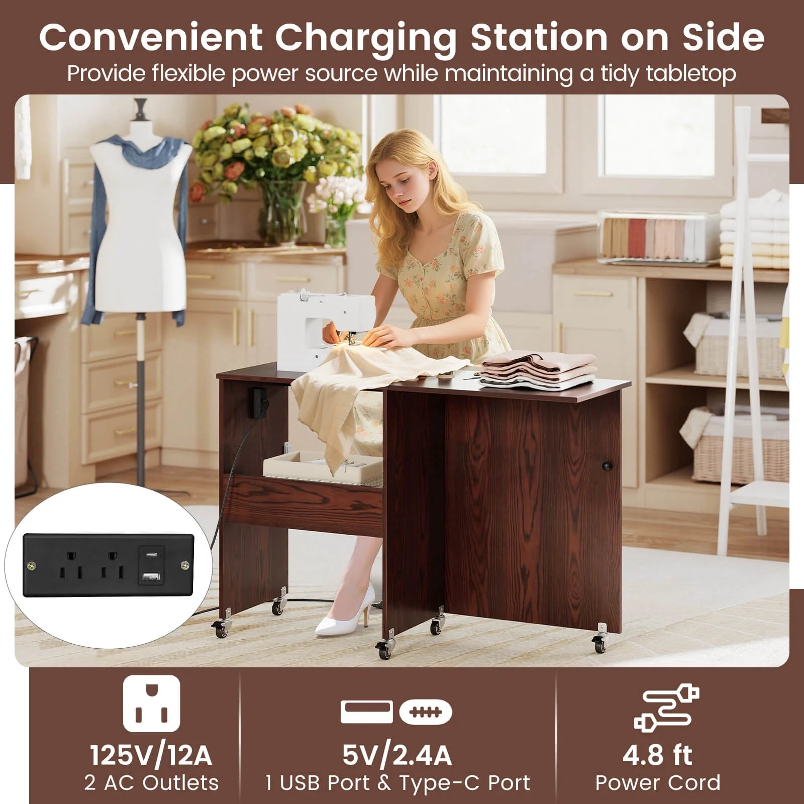 Costway Folding Sewing Table Rolling Craft Station with 3 Storage Bins & Charging Station White+natural