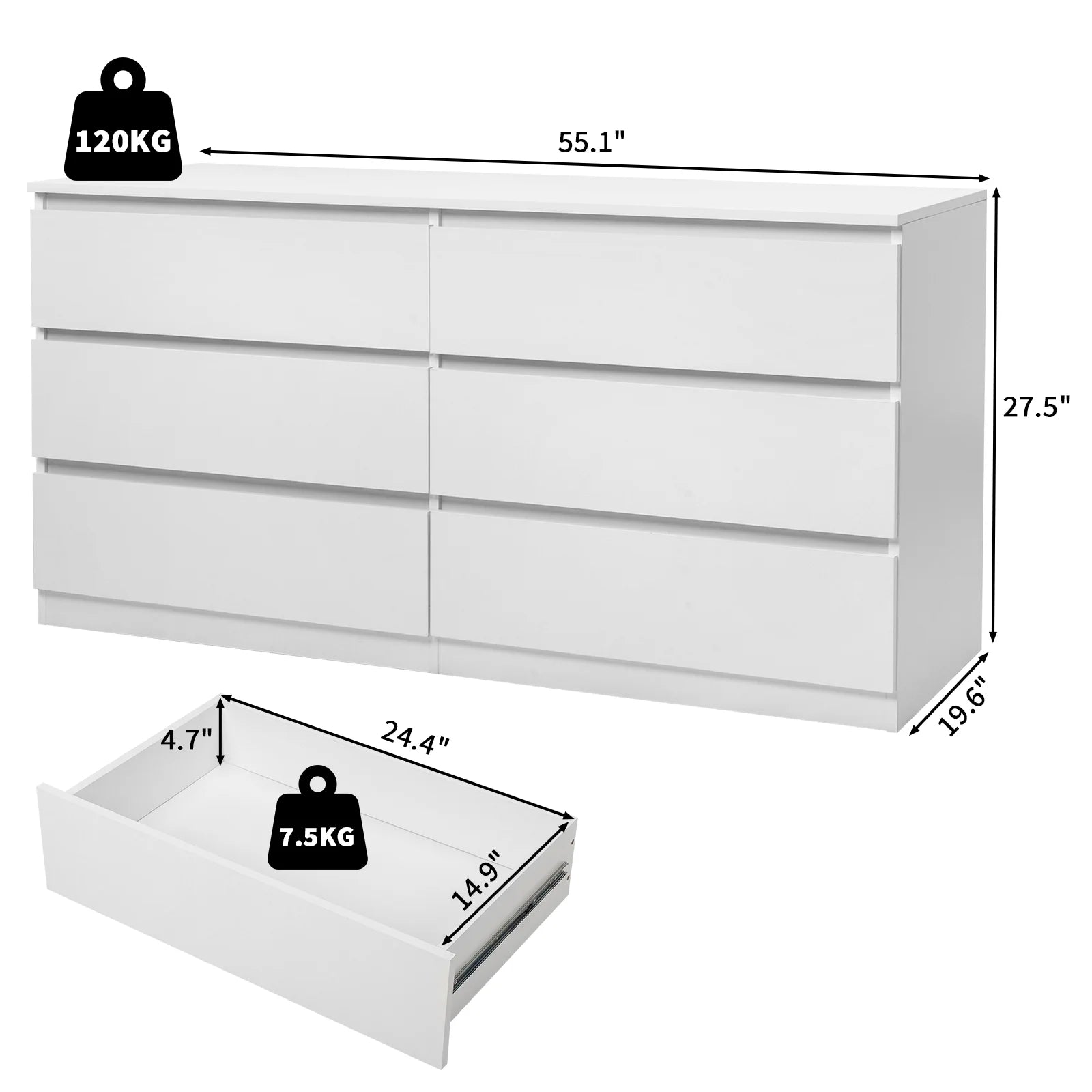 Ktaxon 6 Drawer Double Dresser Wood Dresser Storage Cabinet Drawer Organizer Chest Of Drawers, White